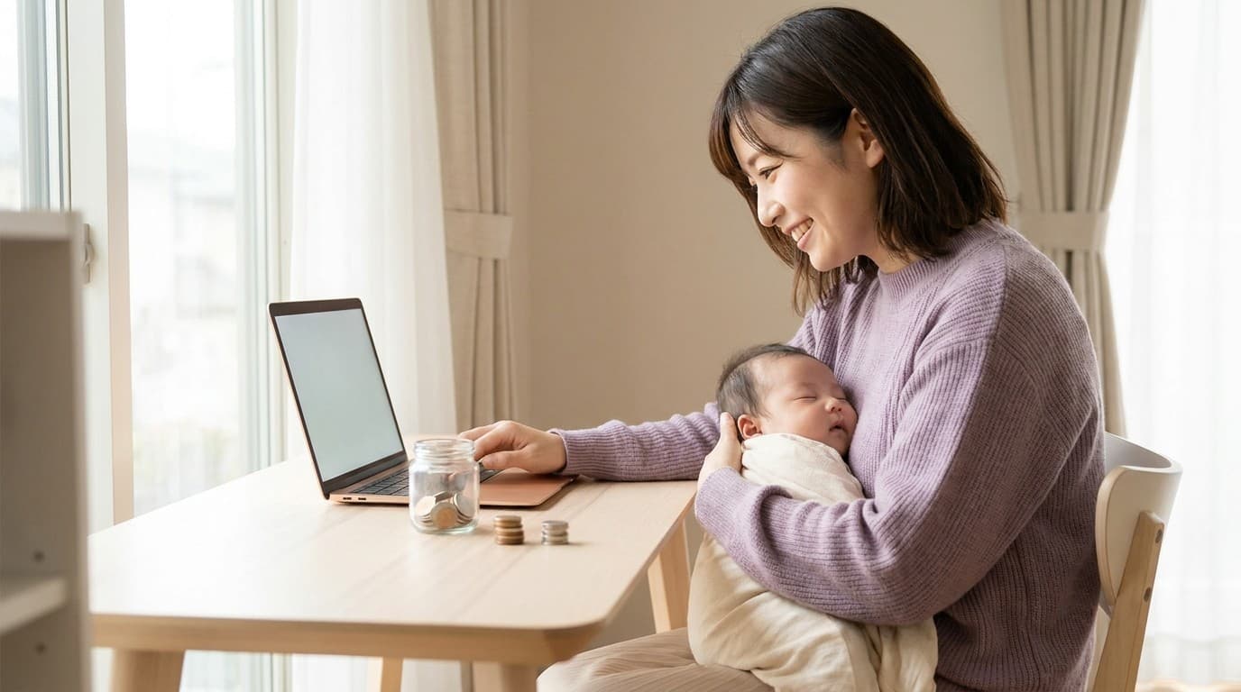 自宅で赤ちゃんを抱きながらノートパソコンと貯金を確認する時短勤務中の親