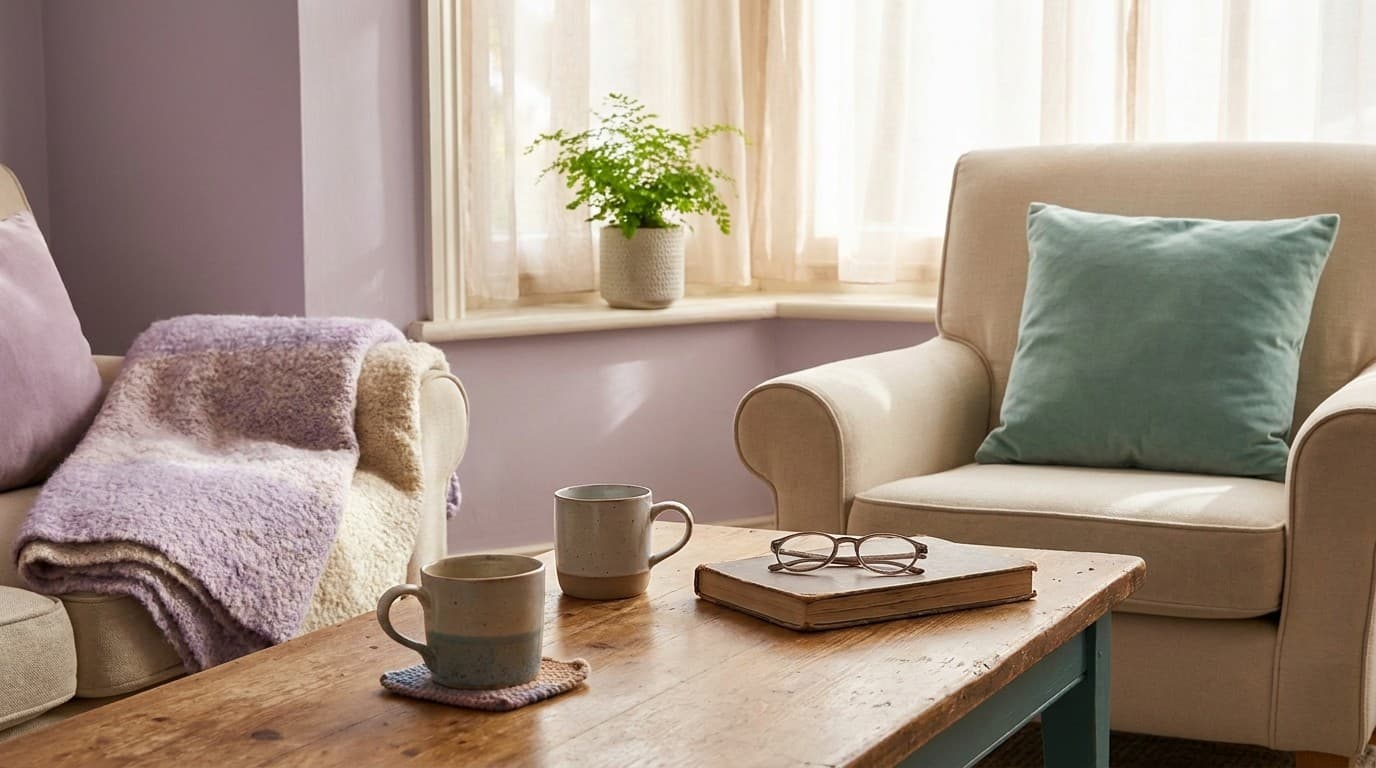 日差しの入る穏やかな居間。木のローテーブルにコーヒーカップが2つと、閉じた本の上に置かれた眼鏡、窓辺に観葉植物、ラベンダー色のブランケットがかかった椅子と、空いた一人掛けソファがある
