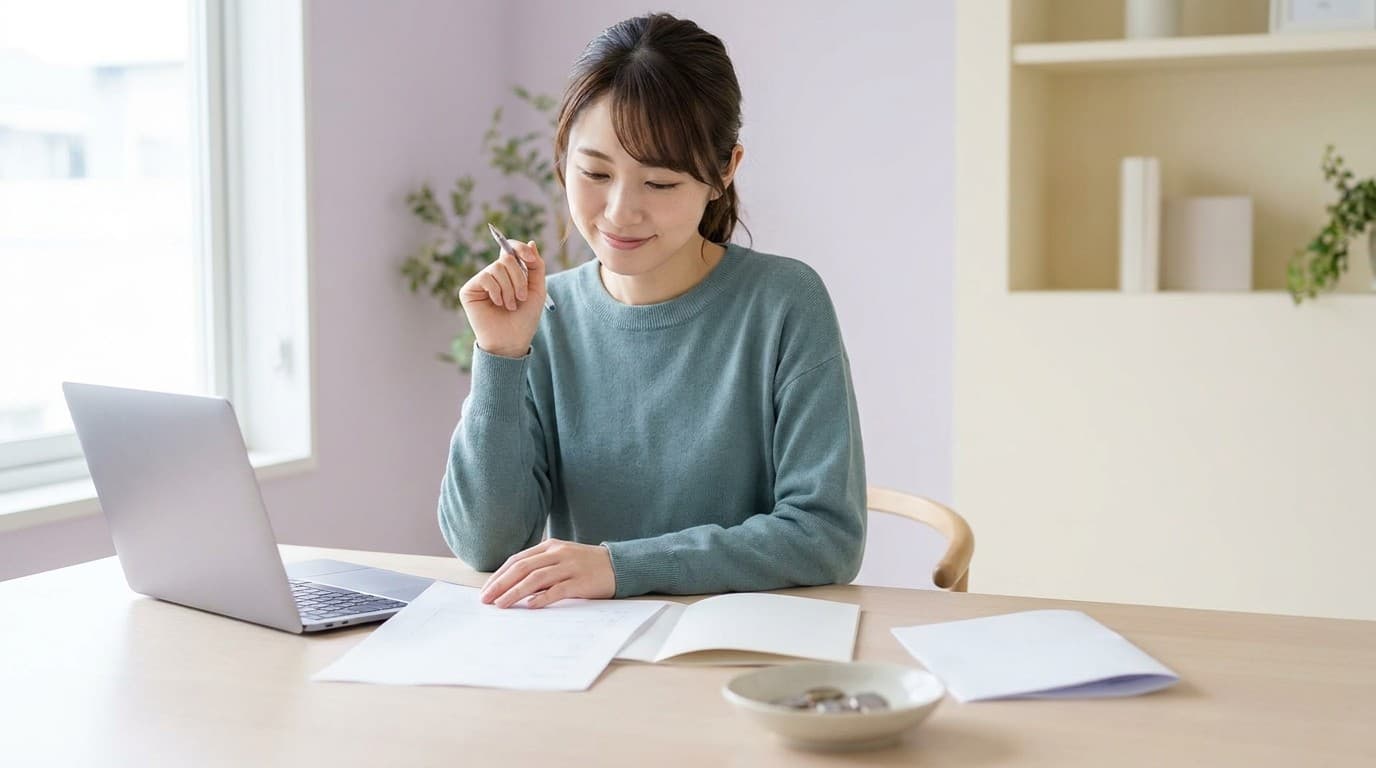 自宅の机で書類とノートパソコンを見ながら手続きを確認する人