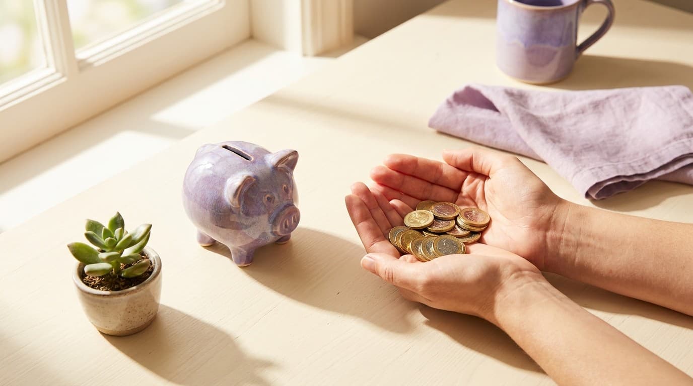 手のひらにのせた小銭と貯金箱、観葉植物のある明るい机