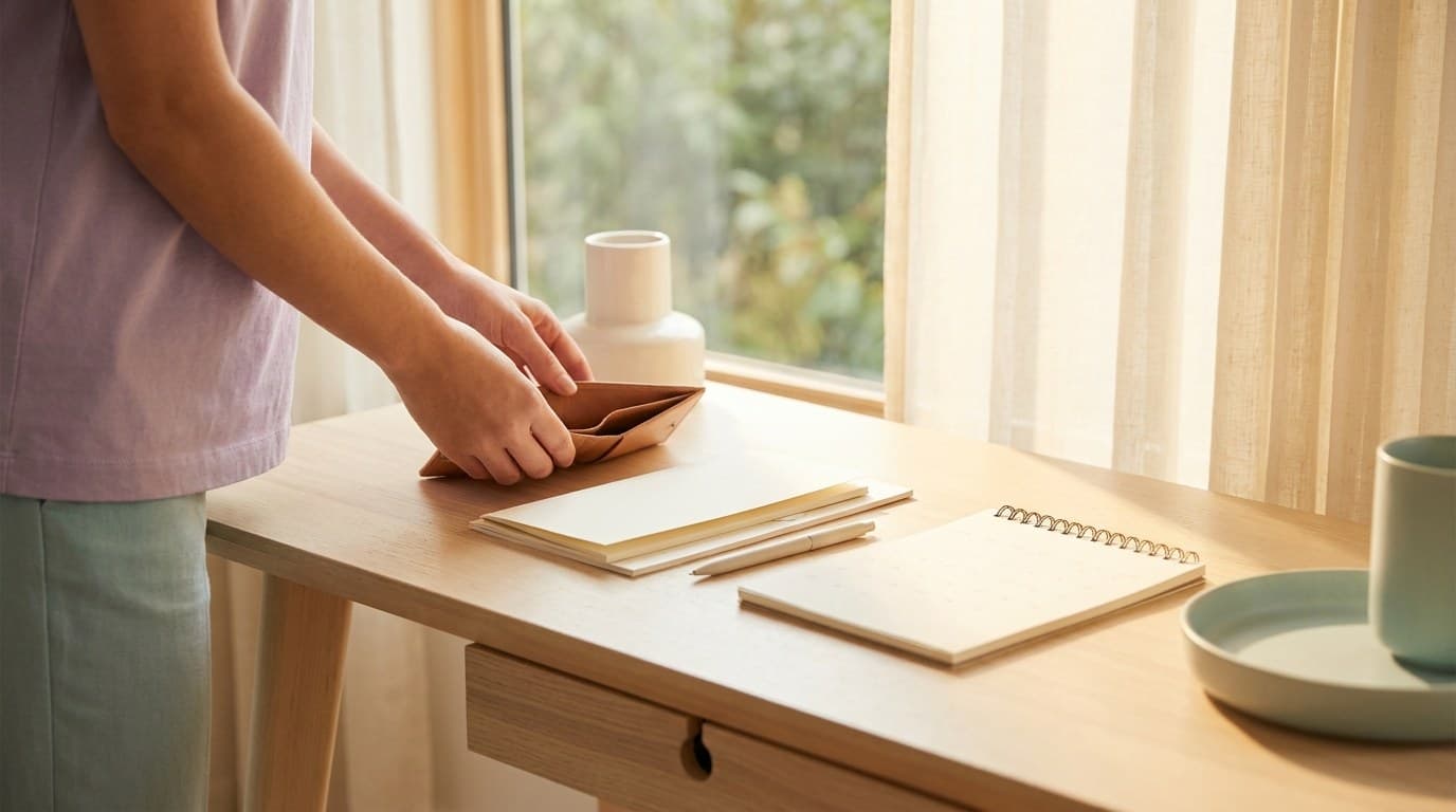 窓辺の机で財布と書類を整える人の手元