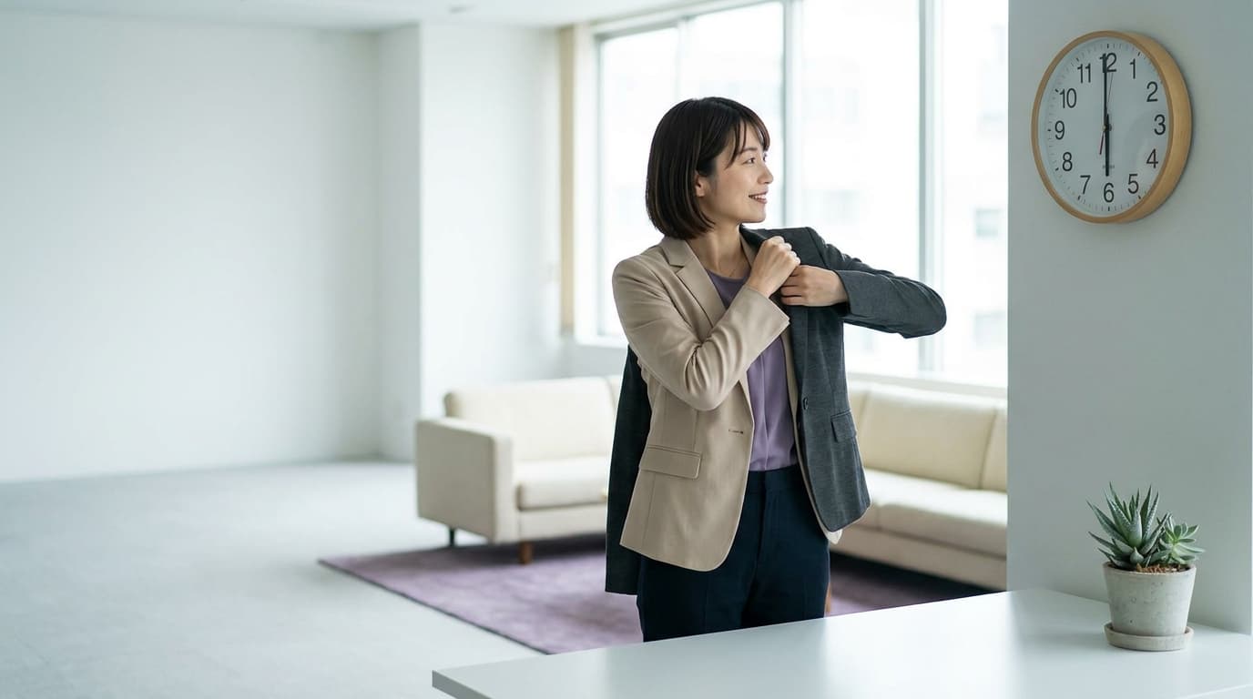 夕方の時計の下で上着を羽織り定時で退社しようとするオフィスワーカーのイメージ画像