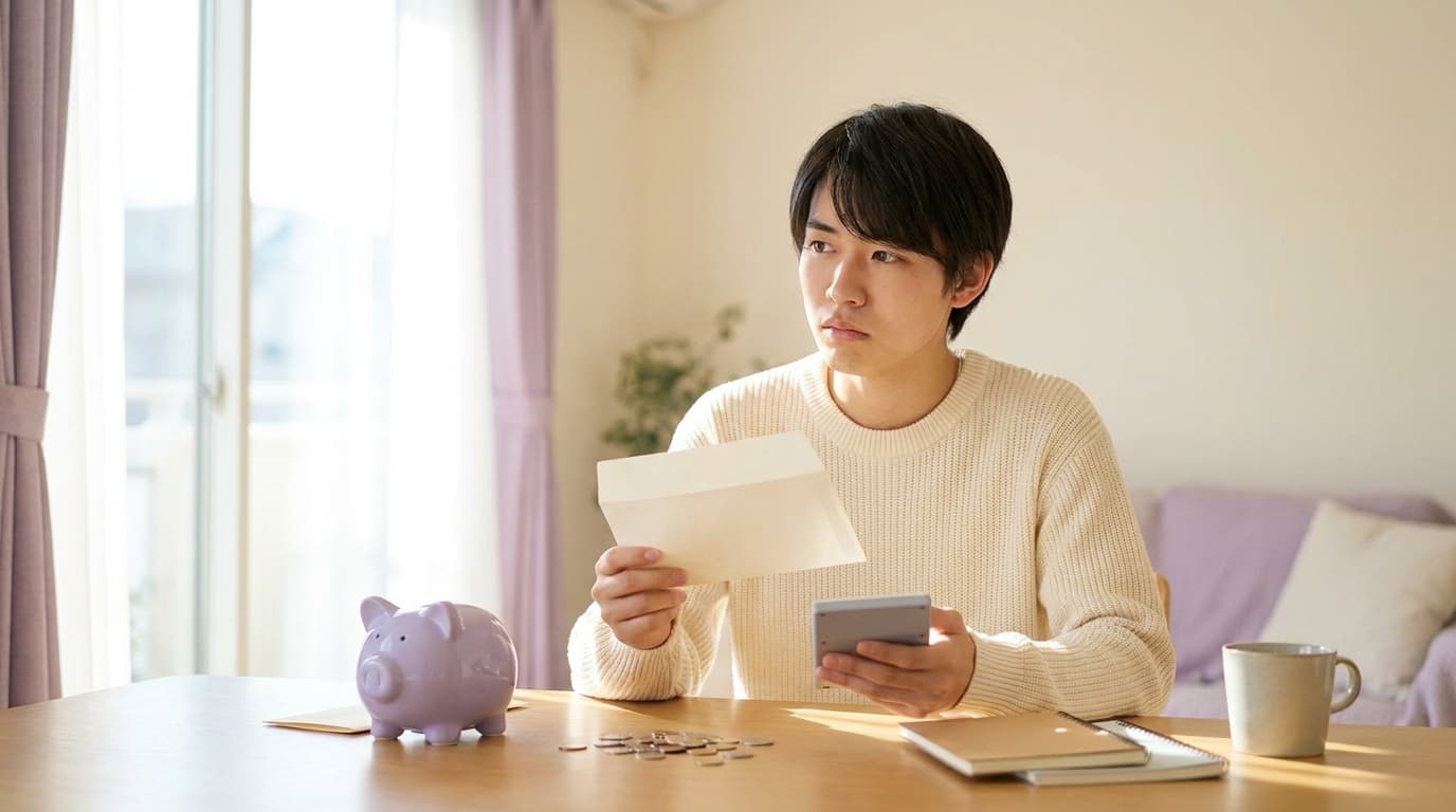 退職後に届く住民税の納付に備え、封筒と電卓、貯金箱を前に考える人のイメージ画像